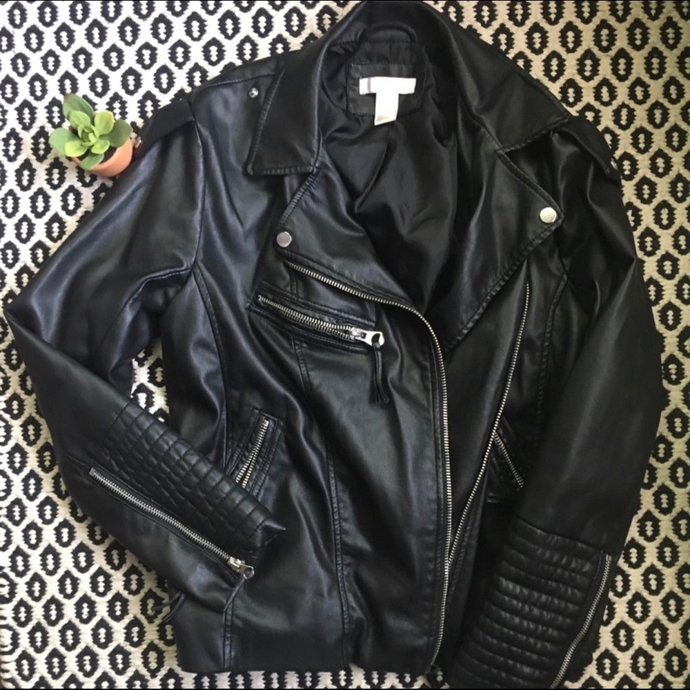 H&M Black Faux Leather Jacket Sz 12